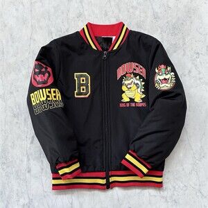 Nintendo Super Mario Bowser Bomber Jacket Boys Size 7 Kids Child Black Full Zip